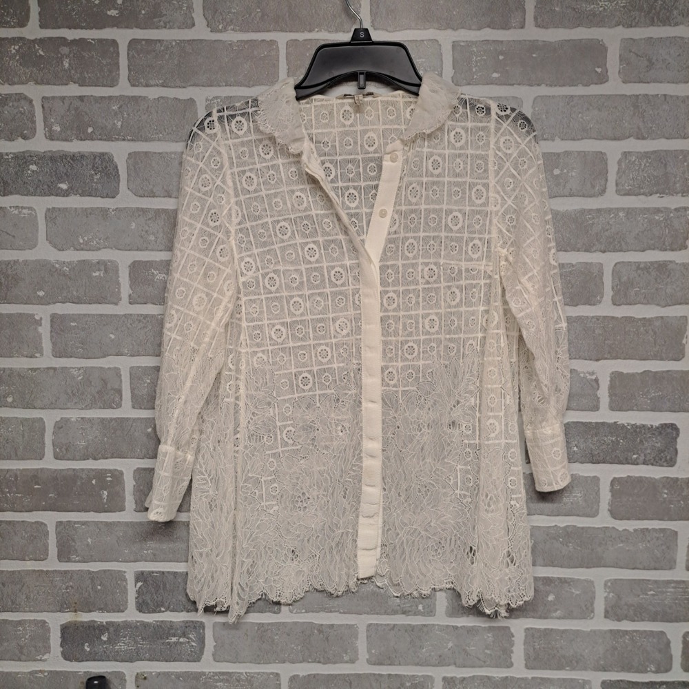 Shiatzy Chen Womens Ivory Floral Lace Button Down Top Blouse‎ Size 8